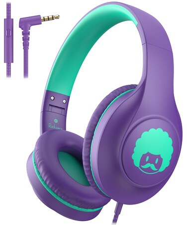 rockpapa C24 Kids Headphones with Microphone,Lightweight Foldable Corded Headphones with 3.5mm Jack Cable for Boys Girls Youth,Stereo Wired Headphones for School Travel Purple Green