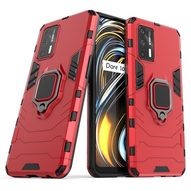 Compatible with Oppo Realme GT 5G, RealmeGT Neo Case, Metal Ring Grip Kickstand Shockproof Hard Bumper (Works with Magnetic Car Mount) Dual Layer Rugged Cover (Red)
