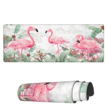 Famame Laptop Mouse Pad Tropical Leaves Plants Flamingos Desk Mat with Stitched Edges 31.5X 11.8 inch Non-Slip Large Keyboard Rubber Writing Table Mat for Office Home