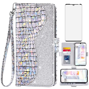 Asuwish Phone Case for LG Velvet 5G/LGVelvet Verizon G5 UW T-Mobile 2020 Wallet Cover with Screen Protector and Wrist Strap Flip Card Holder Bling Glitter Cell LM G900UM 4G Tmobile Women Girls Silver