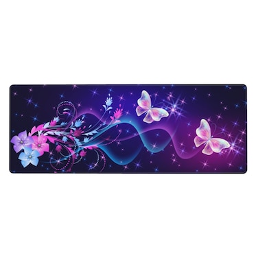 Cute Purple Pink Butterfly Extra Large Keyboard Laptop Mouse Pad Beautiful Desk Mat with Flowers for Women Girls Desktop, 31.5 x 11.8 Inch Extended Desk Pad with Stitched Edges and Non-Slip Base