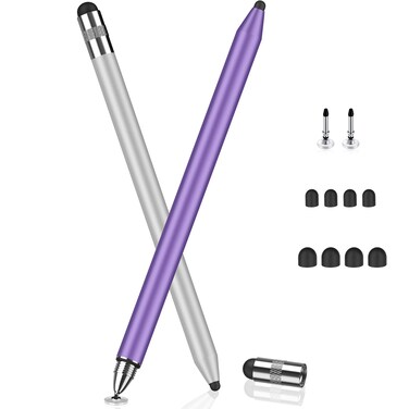 MEKO 3 in 1 Stylus Pens for Touch Screens, High Sensitivity &amp; Precision Capacitive Stylus Pencil for Apple iPad iPhone Tablets Samsung Galaxy All Universal Touchscreen Devices (2 Pack-Silver/Purple)