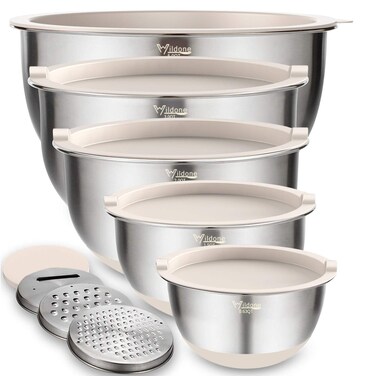 Wildone Mixing Bowls with Lids Set, 5PCS Stainless Steel Khaki Nesting Bowls with 3 Grater Attachments, Measurement Marks &amp; Non-Slip Bottoms, Size 5, 3, 2, 1.5, 0.63 QT, Great for Mixing &amp; Serving