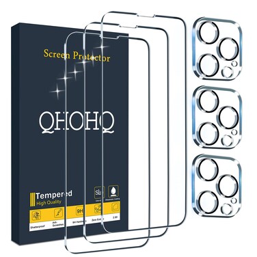 QHOHQ 3 Pack Screen Protector for iPhone 13 Pro Max 6.7" with 3 Pack Tempered Glass Camera Lens Protector, Ultra HD, 9H Hardness, Scratch Resistant, Easy Install - Case Friendly