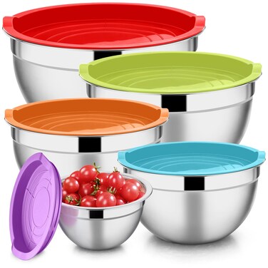 E-far Mixing Bowls with Lids Set of 5, Stainless Steel Mixing Bowls Metal Nesting Bowls with Airtight Lids, Non-toxic &amp; Dishwasher Safe, Great for Cooking, Baking, Serving - Size 0.7/1/1.5/3/4.6QT