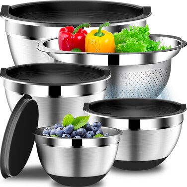 Mixing Bowls with Airtight Lids Set, 4 Stainless Steel Bowls Nesting Bowls &amp; Colander, Kitchen Organizers and Storage Non-Slip Bottom, Size 1.5/2.0/2.5/4.0QT, Great for Mixing &amp; Serving, Black