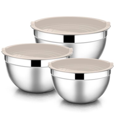 E-far Mixing Bowls with Lids, 6-Piece Stainless Steel Salad Bowls Metal Nesting Bowls for Baking Cooking and Prepping, Airtight Lids &amp; Stackable Design, Size 4.5, 3, 1.5 QT (Khaki)