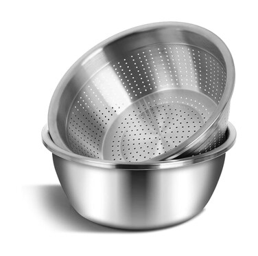 meleg otthon Stainless Steel Mixing Bowls, 5.8QT Salad Bowl, Metal Bowls with Water Filter Basin, Stainless Steel Basin, Heavy Duty Deeper Edge Mirror Finish Dishwasher Safe Bowl (L)