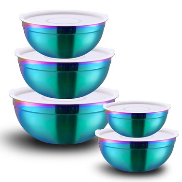 LKTDYMEG Rainbow Mixing Bowls with Lids Set of 5, Stainless Steel Nesting Bowl with Khaki Lid for Non-slip Mixing Prepping Storing Serving, 5 Sizes-5.5/3.6/2.7/2.1/1.5 QT