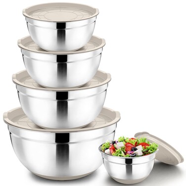 P&amp;P CHEF Mixing Bowls with Lids Set of 5, Stainless Steel Nesting Bowl with Khaki Lid &amp; Base for Non-slip Mixing Prepping Storing Serving, 5 Sizes-7/3.5/2.5/1.5/1 QT