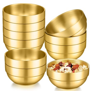 Lallisa 10 Pieces Gold Mixing Bowls Double Wall Thick 304 Stainless Steel Bowls Metal Gold Serving Bowls for Wedding Party Rice Noodle Fruit Salad Soup Facial Cooking Baking Storing(4.1 Inches)