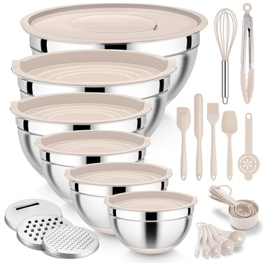E-far 25PCS Mixing Bowls with Lid Set, Stainless Steel Nesting Prep Bowls with Grater Attachments Kitchen Gadgets Non-Slip Bottoms for Cooking, Serving, Food Storage, 4.6/2.6/2/1.5/1/0.7QT - Khaki