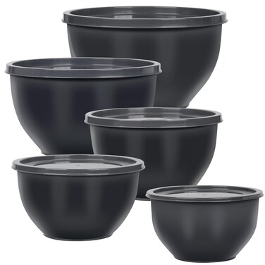 5-Piece Plastic Mixing Bowls with Lids Set for Kitchen, Nesting Bowls for Mixing, Baking, Prepping, Cooking and Serving Food, Grey Mixing Bowls Dishwasher, Microwave Safe