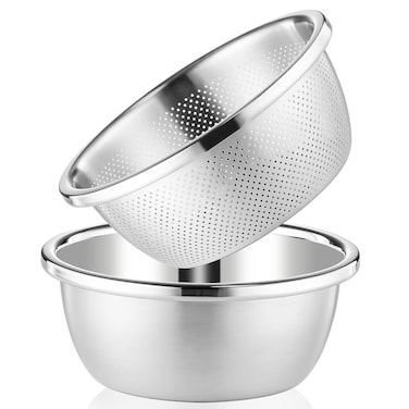 POPGRADE 304 Stainless Steel Colander 4QT Microporous Colander &amp; Large Bowl for Kitchen,Rice Strainer with Salad Mixing Bowl for Pasta Straining,Fruit Washing,Vegetable Draining,Food Mixing(2PCs)