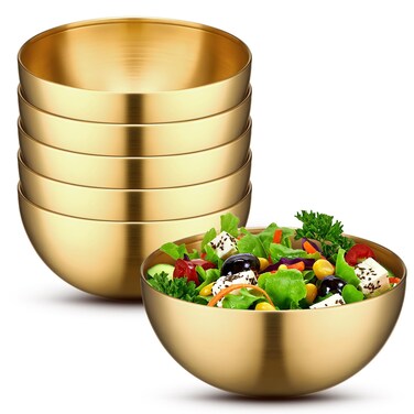 Nuogo 6 Pack Gold Mixing Bowls Gold Bowls Stainless Steel Bowls Gold Serving Bowls Gold Facial Bowls Cereal Rice Noddle Snack Bowls for Fruit Cereal Snack Appetizer Cooking Baking(5.9 Inches)