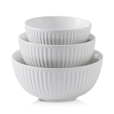 Hasense Ceramic Mixing Bowls of 3, Large Ribbed Nesting White Bowls 1.5/1/0.5 Qt For Kitchen, Cooking, Baking and Serving Prep Bowls for Salad, Pasta, Modern Space Saving Dishes for Kitchen