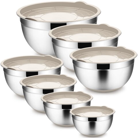 TeamFar Mixing Bowls with Lids, 7-Piece Stainless Steel Metal Nesting Salad Mixing Bowls, 7/3.5/3 / 2.5/1.5/1 / 0.7 QT, Healthy &amp; Easy Clean, Air-Tight Lid &amp; Non-Slip Silicone Bottom-Khaki