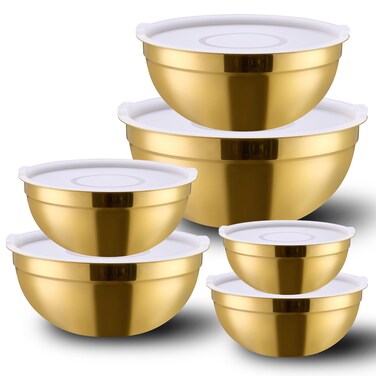 DINYWOW 6 Piece Gold Mixing Bowls with Lids for Kitchen, Stainless Steel Mixing Bowls Set Ideal for Baking, Prepping, Cooking and Serving Food, Nesting Metal Mixing Bowls for Space Saving Storage