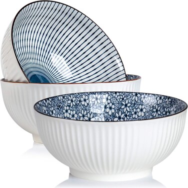 QINLANG 60 oz Large Soup Bowl, Pho Bowls, Japanese Ramen Bowls Set of 3, 8 in Blue and White Porcelain Big Bowls for Eating - 3 Mixing Patterns