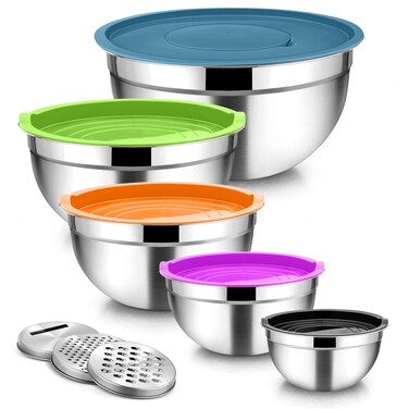 TeamFar Mixing Bowls with Lids, 5PCS Stainless Steel Metal Salad Bowl with 3 Grater Attachments, for Cooking, Prepping, Serving, Healthy, Airtight Lids &amp; Easy Clean - 0.7/1 / 1.5/2.6/4.6QT