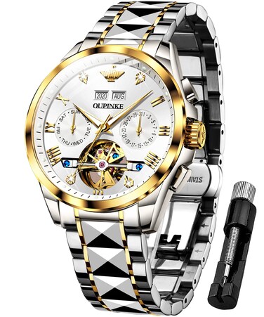 OUPINKE Skeleton Automatic Mens Watches White Mechanical Self Winding Tourbillon Luxury Dress Wristwatch