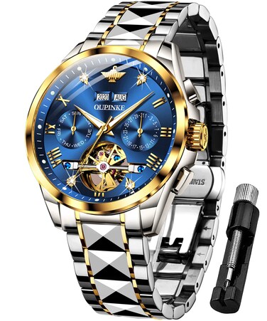OUPINKE Automatic Mens Watches Blue Skeleton Mechanical Self Winding Tourbillon Luxury Business Dress Wristwatch