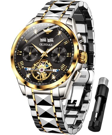 OUPINKE Black Skeleton Automatic Mens Watches Mechanical Self Winding Tourbillon Luxury Business Dress Wristwatch