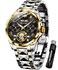 OUPINKE Black Skeleton Automatic Mens Watches Mechanical Self Winding Tourbillon Luxury Business Dress Wristwatch