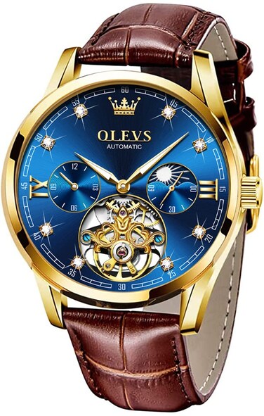 OLEVS Mens Leather Watches Automatic Mechanical Skeleton Tourbillon Diamond Blue Luxury Self Winding Dress Wrist Watches Moon Phase Waterproof Luminous