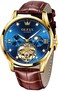 OLEVS Mens Leather Watches Automatic Mechanical Skeleton Tourbillon Diamond Blue Luxury Self Winding Dress Wrist Watches Moon Phase Waterproof Luminous