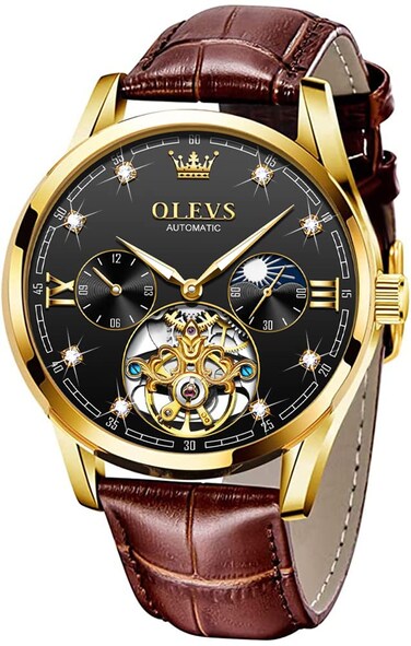 OLEVS Mens Leather Watches Automatic Mechanical Skeleton Tourbillon Diamond Black Luxury Self Winding Dress Wrist Watches Moon Phase Waterproof Luminous