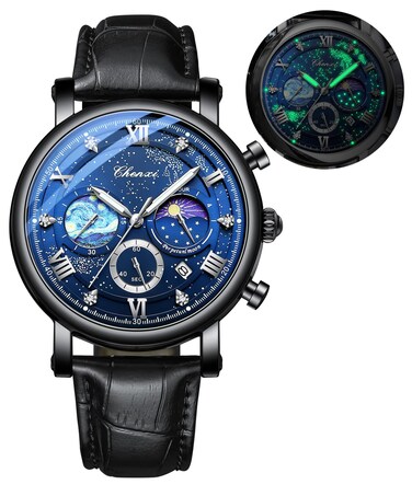 FANMIS Men's Classic Multifunctional Military Sports Analog Watch Business Dress Waterproof Luminous Chronograph Starry Sky Moon Phase Leather Wristwatch (Black)