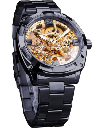 FORSINING Men's Luxury Skeleton Watch, Carving Hollow 41mm Big Dial with Square Bezel Wristwatch, Self-wind Automatic Mechanical Men Watches, Black Gold