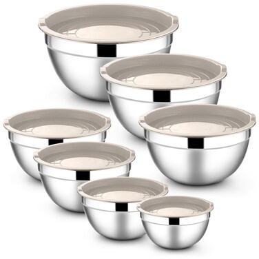 E-far Stainless Steel Mixing Bowls with Lids, 7-Piece Metal Mixing Bowls with Khaki Airtight Lids for Baking/Cooking/Prepping, Size 7, 4.6, 3, 2, 1.5, 1, 0.7QT, Nesting Design &amp; Easy Storage