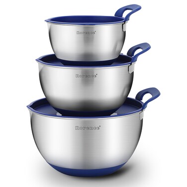 Rorence Stainless Steel Mixing Bowls: Stackable Mixing Bowl Set with Lids and Handles Non-slip Silicone Bottom Nesting Bowls for Kitchen Set of 3 - Blue