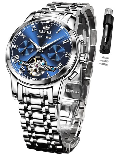 OLEVS Automatic Watch for Men Self Winding Mechanical Luxury Business Stainless Steel Multi Calendar Waterproof Luminous Wrist Watches (Silver Blue)