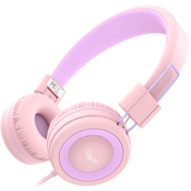 ELECDER i37 Kids Headphones for School Children Girls Boys Teens Foldable Adjustable On Ear Wired Headphones with 3.5mm Jack for Smartphones Chromebook Laptop Computer PC Tablets Travel Peach/Purple