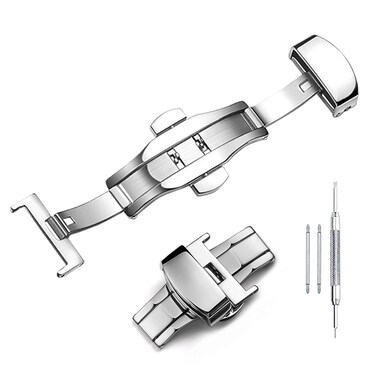 NIBD Stainless Steel Deployment Clasp Push Button Butterfly Folding Strap Buckle Replacement for Leather Watch Bands (20mm, No Pattern)