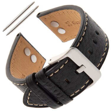 Gilden 22-26mm Men's Industrial-Style Flat Stitched Black Calfskin Watch Band SLS61-0124 (24 millimeter end width, Black)