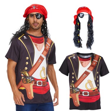 Vegove Novelty Men's Pirate Costume T-Shirts Set, 3D Pirate Tee Shirts Pirate Wig &amp; Eye Patches for Halloween Dress up (Wig Set, XL)