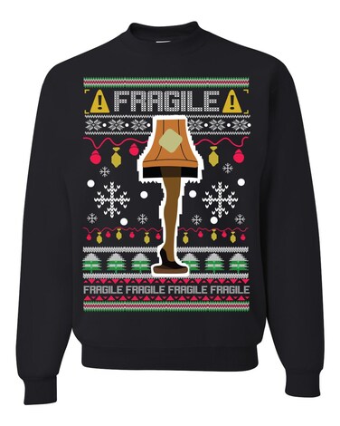 Wild Bobby Fragile Leg Lamp Christmas Story Funny Xmas Ugly Christmas Sweater Unisex Crewneck Graphic Sweatshirt, Black, 3X-Large