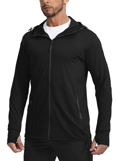 Men's UPF 50+ Light Jacket Full Zip Sun Protection Hoodie Long Sleeve Sun Shirts for Men Hiking Fishing Zip Pockets(Black_L)