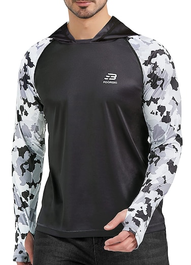 FOORSKI Rash Guard for Men UPF 50 Long Sleeve Fishing Hoodie Sun Protection Lightweight T Shirts Athletic Fishing Shirts Black S