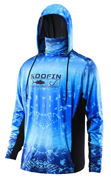 Performance Fishing Hoodie with Face Mask Sunblock Shirt Hooded Long Sleeve with Drawstrings Pocket,Blue, Small