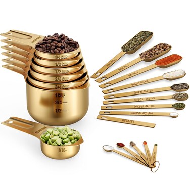Wildone Copper Plated Measuring Cups &amp; Spoons Set of 21 - Includes 7 Stainless Steel Nesting Measuring Cups, 8 Measuring Spoons, 1 Leveler &amp; 5 Mini Measuring Spoons, Ideal for Dry &amp; Liquid Ingredients