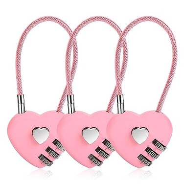 3 Pcs Combination Locks,3 Digit Pink Combination Padlock Mini Love Heart Lock with 4.13in Steel Wire Rope Outdoor Waterproof Padlock for Travel Bags Suitcase Backpacks