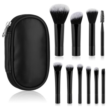 10 Pcs Travel Makeup Brush Set Mini Makeup Brushes Travel Size With Pack Portable Small Eyeshadow Eye Lipstick Foundation Brush Shadow Contour Blush Concealer (Black)