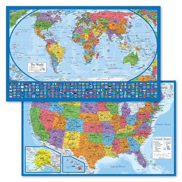 2 Pack - Laminated World Map Poster &amp; USA Map Set - Equal Earth world map design shows continents at true relative size - US Map 18&rdquo; x 29&rdquo;