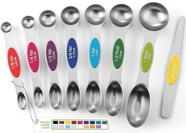 Spring Chef Magnetic Measuring Spoons Set with Strong N45 Magnets, Heavy Duty Stainless Steel Metal, Fits in Most Kitchen Spice Jars for Baking &amp; Cooking, BPA Free, Multicolor, Set of 8 with Leveler