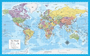 Laminated World Map Poster - Wall Chart Map of Earth - 18" x 29" (Light Blue)